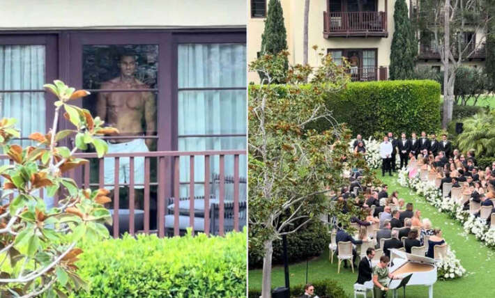 Shirtless stranger goes viral after watching wedding ceremony from his hotel balcony (exclusive)