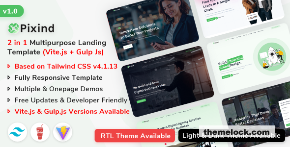 Pixind – Responsive Landing Template (Tailwind CSS v4)