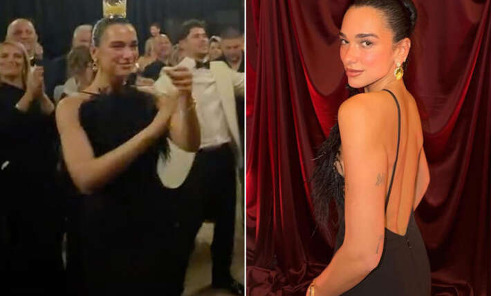 Dua Lipa and her dad perform traditional dance with glasses on their heads at her cousin’s big Albanian wedding