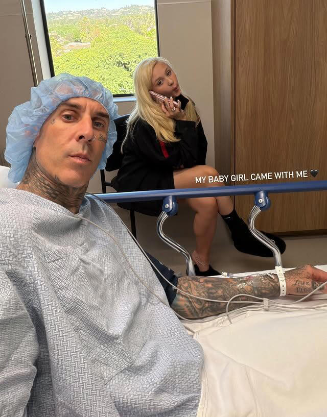 Travis Barker shares photos from hospital bed with Kourtney Kardashian and daughter Alabama by his side