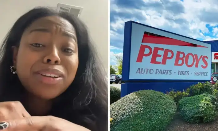 woman s goes to pep boys for tire rotation. then she confesses something to worker and he laughs at her