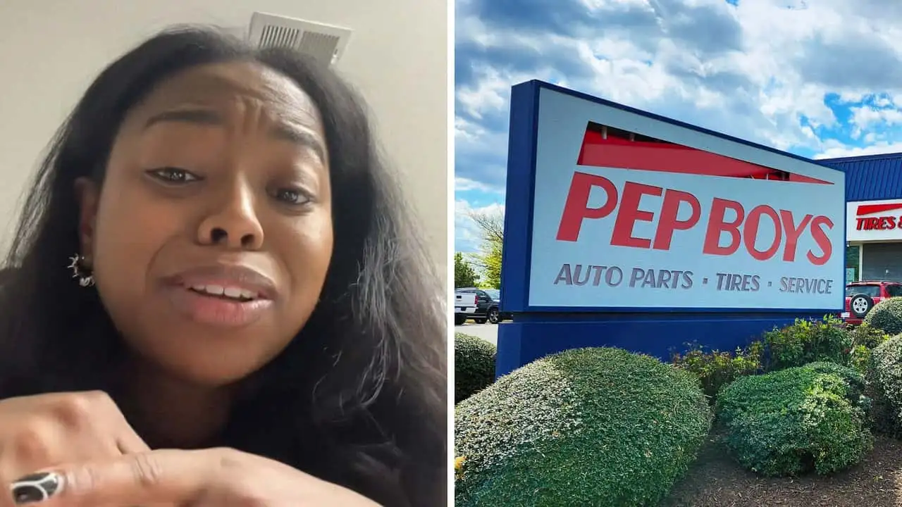 woman s goes to pep boys for tire rotation. then she confesses something to worker and he laughs at her
