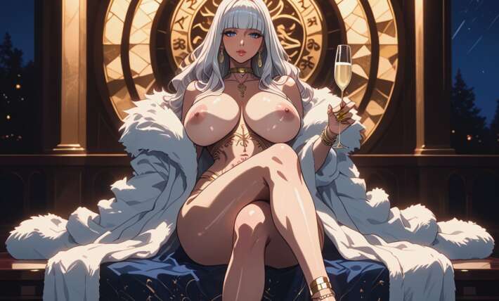 Three Gold Bracelets On The Right Hand Gigantic Perfect Boobs Blunt Bangs