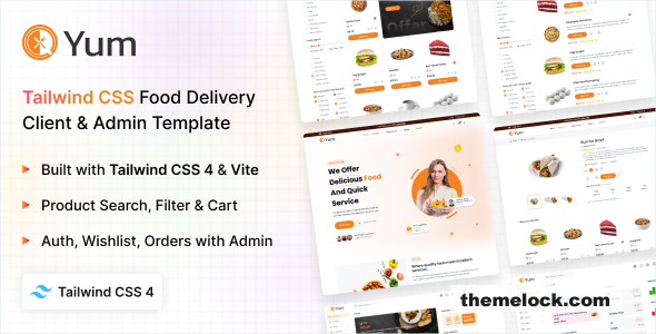 Yum v2.0 – Tailwind CSS 4 Client & Admin Food Template