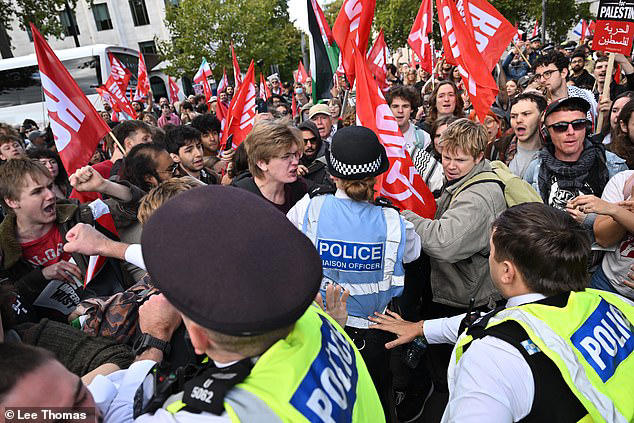 Pro-Palestine thugs spark fury as they stamp on poppies and climb over Battle of Britain memorial